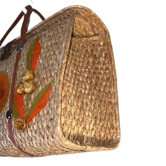 Ex Vintage 70s Boho Straw Handmade Taxco, Mexico Floral Embroidered Tote Handbag - Picture 11 of 14